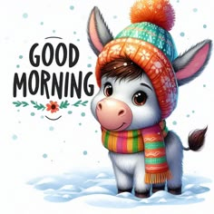 a cute little cow wearing a hat and scarf with the words good morning on it