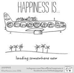 a drawing of a plane with the words happiness is