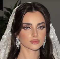 a woman with long hair wearing a bridal veil and diamond earrings on her head