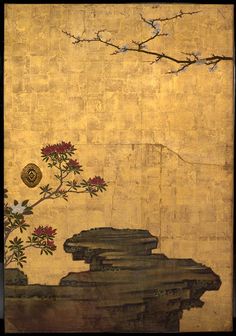 Attibuted to Kano Sansetsu, The Old Plum, Edo PEriod (1615-1868), ca 1645, four sliding door panels (fusuma), ink, colour, gold leaf on paper, The Metropolitian Museum of Art, New York Sliding Door Panels, Japan Painting, Japon Illustration, Eastern Art, Door Panels, Edo Period, Ukiyo E