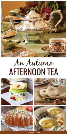 an autumn afternoon tea party with sandwiches and cakes