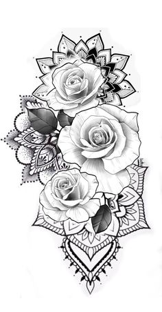 a black and white drawing of three roses on a white background with an ornate border