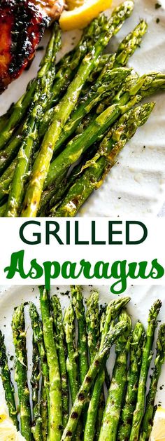 grilled asparagus on a plate with lemon wedges