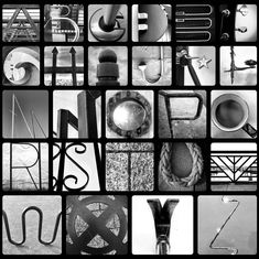 black and white photograph of letters, numbers, and objects in different styles on display