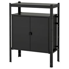 a black cabinet with two doors and one shelf