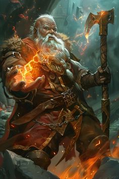 an old man with a long white beard holding a staff in his right hand and fire behind him