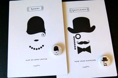 two white cards with black silhouettes of men wearing hats and bow ties on them