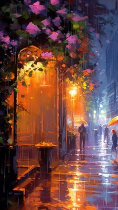 painting of people walking in the rain with umbrellas