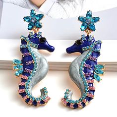 Nwt Whimsical And Cute Blue Sea Horse Enameled And Sparkly Rhinestones! They Are Ready To Join You On Your Next Vacation And Adventures! Seahorse Jewelry, Horse Earrings, Seahorses, Watches Women Fashion, Crystal Drop Earrings, Crystal Drop, Stunning Earrings, Summer Jewelry, Fashion Accessories Jewelry