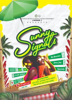 the poster for sunny signals shows two women in front of a palm tree with an umbrella