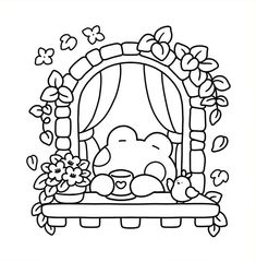 a coloring page with an image of a teddy bear sitting on a bench surrounded by flowers and fruit