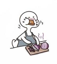 a cartoon duck is cooking onions on a cutting board with an onion in the foreground