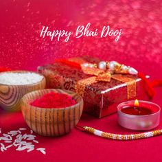 happy bhaji diya greeting card with gift box, bowl and candle on red background