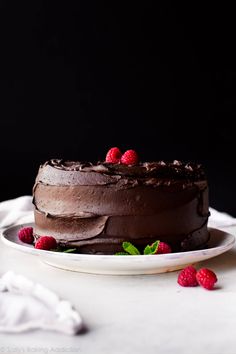 a chocolate cake with raspberries on top