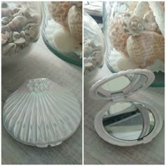 two pictures of seashells and shells in glass containers on a table with mirrors