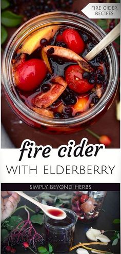 a glass jar filled with liquid and fruit