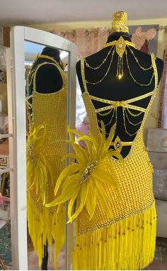 Yellow Flapper Dress, Yellow Tassel Beach Dress, Yellow Feather Dress, Yellow Dance Costume Jazz, Yellow Bharatnatyam Costume, Yellow Ballroom Dance Dress, Girl Cosplay