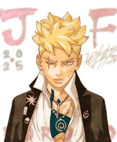 an anime character with blonde hair wearing a black jacket and white shirt, holding his hands together