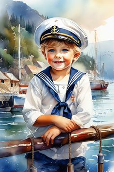 a painting of a little boy in a sailor's hat on a boat railing