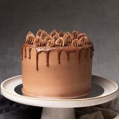 a chocolate cake with icing on a plate