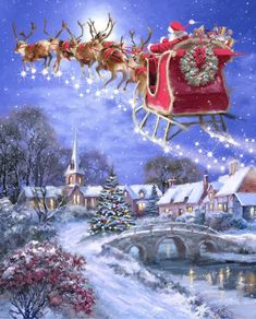 a painting of santa's sleigh flying over a snowy village