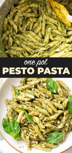 one pot pesto pasta in a white bowl with basil leaves on top and the other side