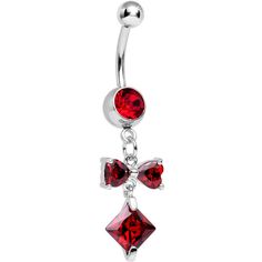 14 Gauge (1.6mm), 3/8" (10mm), 316L Surgical Grade Stainless Steel Curved Barbell, Cubic Zirconia, 5mm Ball Sparkling, elegant, playful. Look your best with this bow tie dangle navel ring with red cubic zirconia accents. The stainless steel curved barbell offers a single red CZ above the bow tie with diamond shaped dangle charm. Bow tie dangle belly button ring. Belly Piercing Jewelry, Button Piercing, Belly Button Jewelry, Navel Jewelry, Dangle Belly Rings, Navel Ring, Button Rings, Belly Button Ring, Button Ring