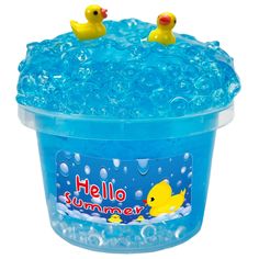 a tub filled with blue bubbles and two rubber ducks