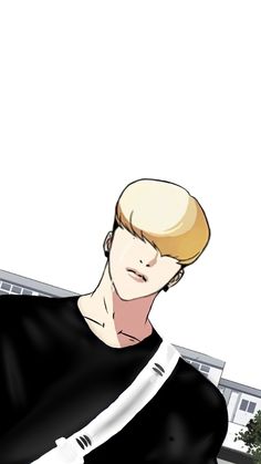 an anime character with blonde hair and black shirt