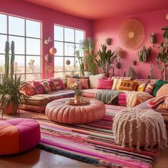 a living room filled with lots of colorful furniture and plants on top of the walls