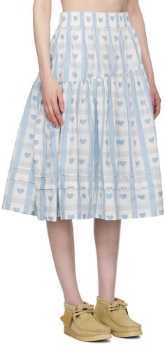 Organic cotton poplin skirt. Hand-block printed graphic pattern throughout. · Elasticized waistband · Asymmetric gathered seam · Flared hem · Seam pockets Supplier color: Blue heart Nice Outfits For School, Blue Juniper, Story Mfg, Poplin Skirt, Nice Outfits, Blue Heart, Graphic Patterns, School Outfits, Cotton Poplin