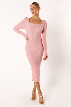 Camryn Puff Sleeve Knit Sweater Midi Dress - Blush - Petal & Pup USA Satin Dresses Long, Satin Dresses Long Sleeve, Sweater Midi Dress, Elegant Sweater, Trendy Sweaters, Resort Dresses, Essential Dress, Comfortable Sweater, Ribbed Dress