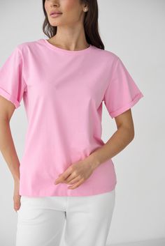 Loose-fit roll-sleeve T-Shirt in powder pink color. This item has a laconic design and is made of high quality cotton knit which keeps its shape and wears well for a long time, so it is great for everyday looks. Cotton T-shirt With Rolled Sleeves And Crew Neck, Pink Cotton Top With Shirttail Hem, Basic Pink Cotton Shirt, Pink Plain Cotton Tops, Plain Pink Cotton Tops, Pink Shirttail Hem Top For Summer, Basic Pink T-shirt For Everyday, Pink Casual Plain Tops, Casual Pink Plain Tops