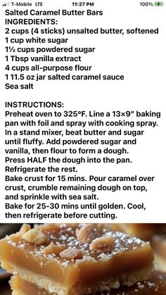 the recipe for caramel butter bars is shown in two different languages, including instructions