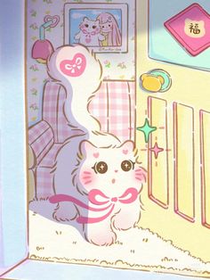 a white cat standing in front of a baby crib with pictures on the wall