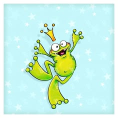 a cartoon frog with a crown on his head and arms in the air, jumping