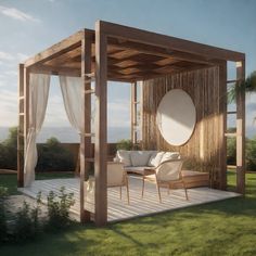 a wooden gazebo sitting on top of a lush green field