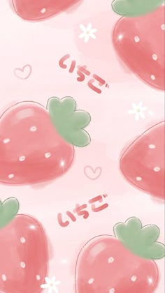 a pink background with strawberrys and hearts on it