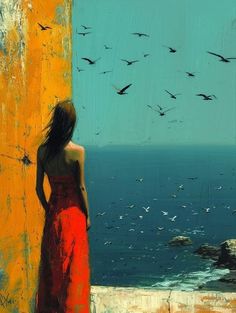 a painting of a woman in a red dress looking out at the ocean with birds flying overhead