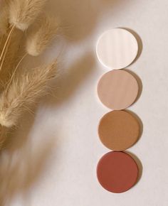 three different shades of makeup sitting next to each other on a white surface with dried grass in the background