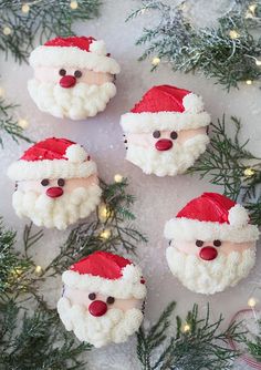 four santa claus cookies sitting on top of snow covered ground next to evergreen branches and lights