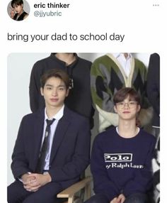 two young men sitting next to each other in front of a poster with the words bring your dad to school day