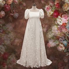 Regency Bridgerton Style Empire Lace Wedding Dress | DAPHNIE Empire Dress Wedding, Wedding Dresses Bridgerton Style, Regency Inspired Wedding Dress, Empire Line Wedding Dresses, Regency Era Wedding Dress, Pride And Prejudice Wedding Dress, 1800s Wedding Dress, Bridgerton Clothing, Bridgerton Wedding Dress