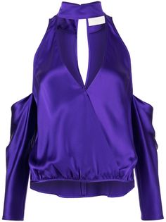 plum purple silk high neck rear button fastening plunging V-neck cut-out detailing long sleeves straight hem Detached Sleeves, Michelle Mason, Blouse Purple, Purple Blouse, Purple Silk, Purple Top, Plum Purple, Shades Of Purple, Silk Blouse