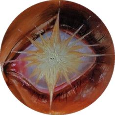 a painting of an eye with long eyelashes and starburst on the iris's center