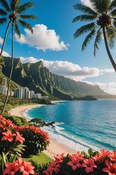 the beach is lined with palm trees and flowers