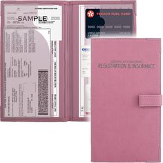 a pink passport case is open to show the identification card