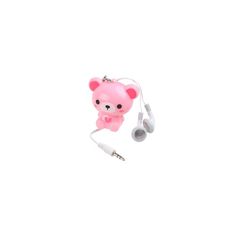 a pink bear with ear buds attached to it