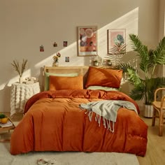 an orange comforter and pillows on a bed in a room with potted plants