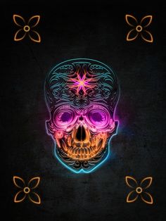 a neon skull with glasses on it's head and flowers around its neck, against a black background